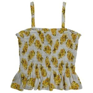 White House Black Market Ecru Pineapple Print Smocked Tank Top